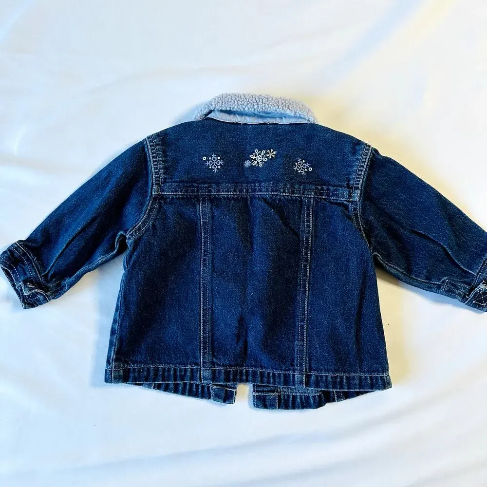 Vintage Baby OshKosh Winter Snowflake Denim Jacket w/ Purple Sherpa Collar